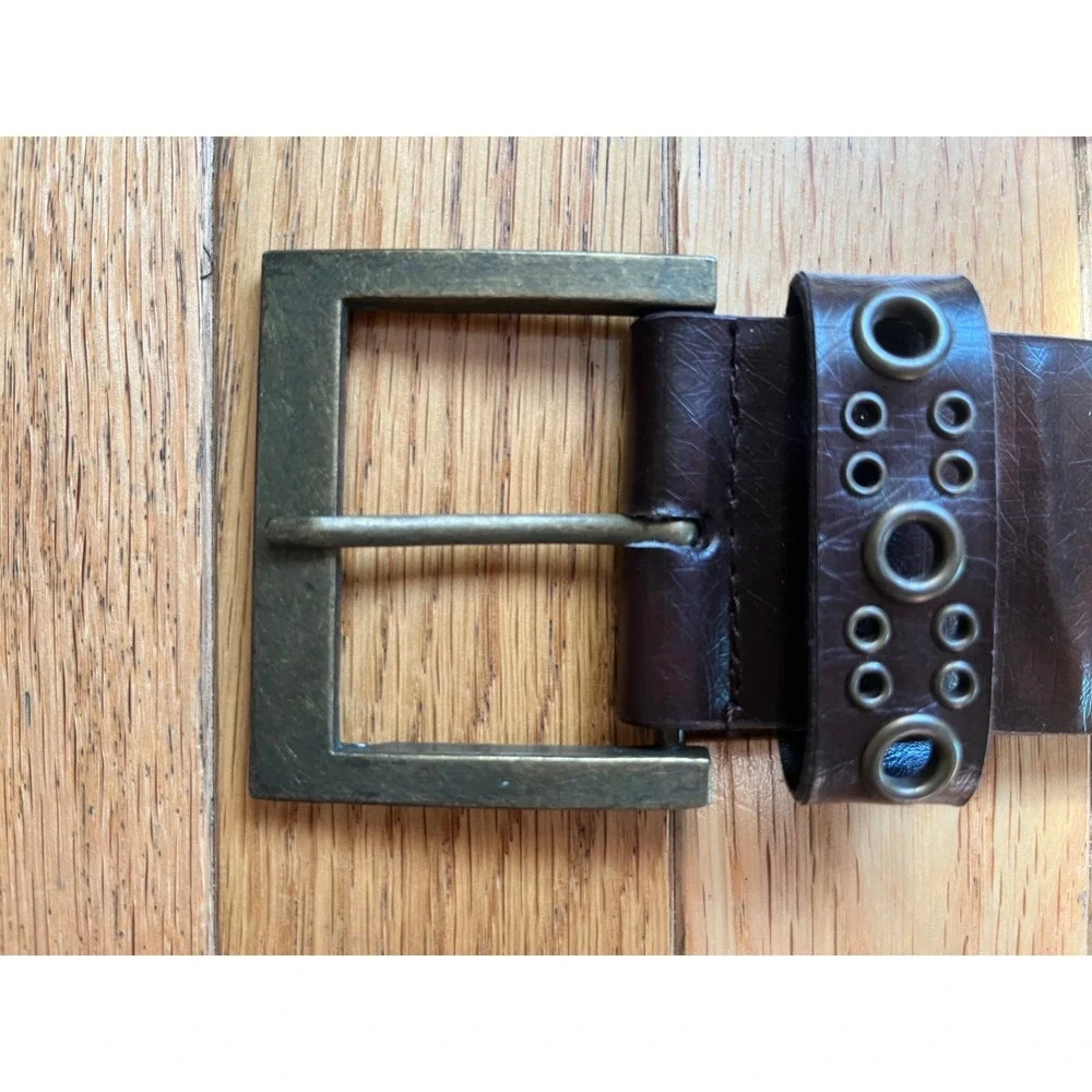 Vintage Y2K Brown Leather Multi Grommet Eyelet Wide Belt Antique Brass Steampunk